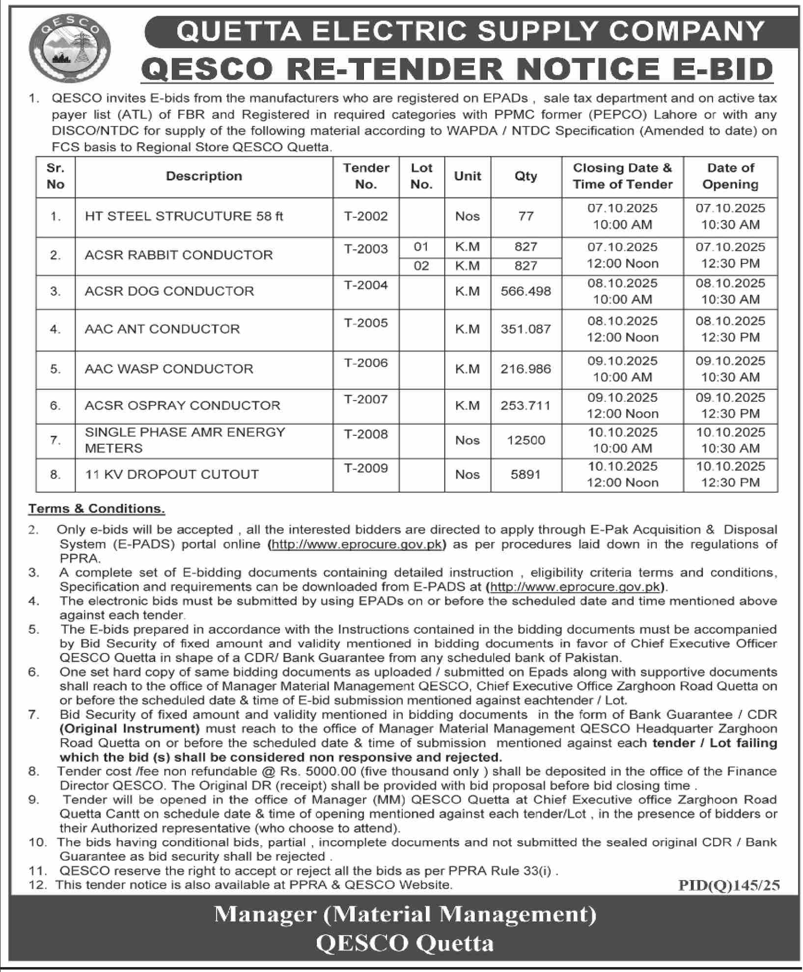 QESCO Quetta Tender Notice